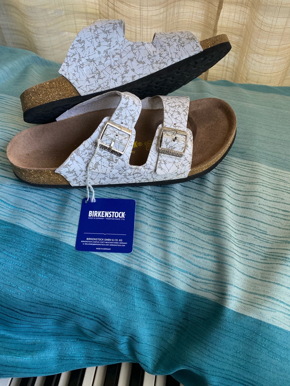 Birkenstock Arizona White Marble Two-Strap leather Sandals adjust Buckles s8w-6m